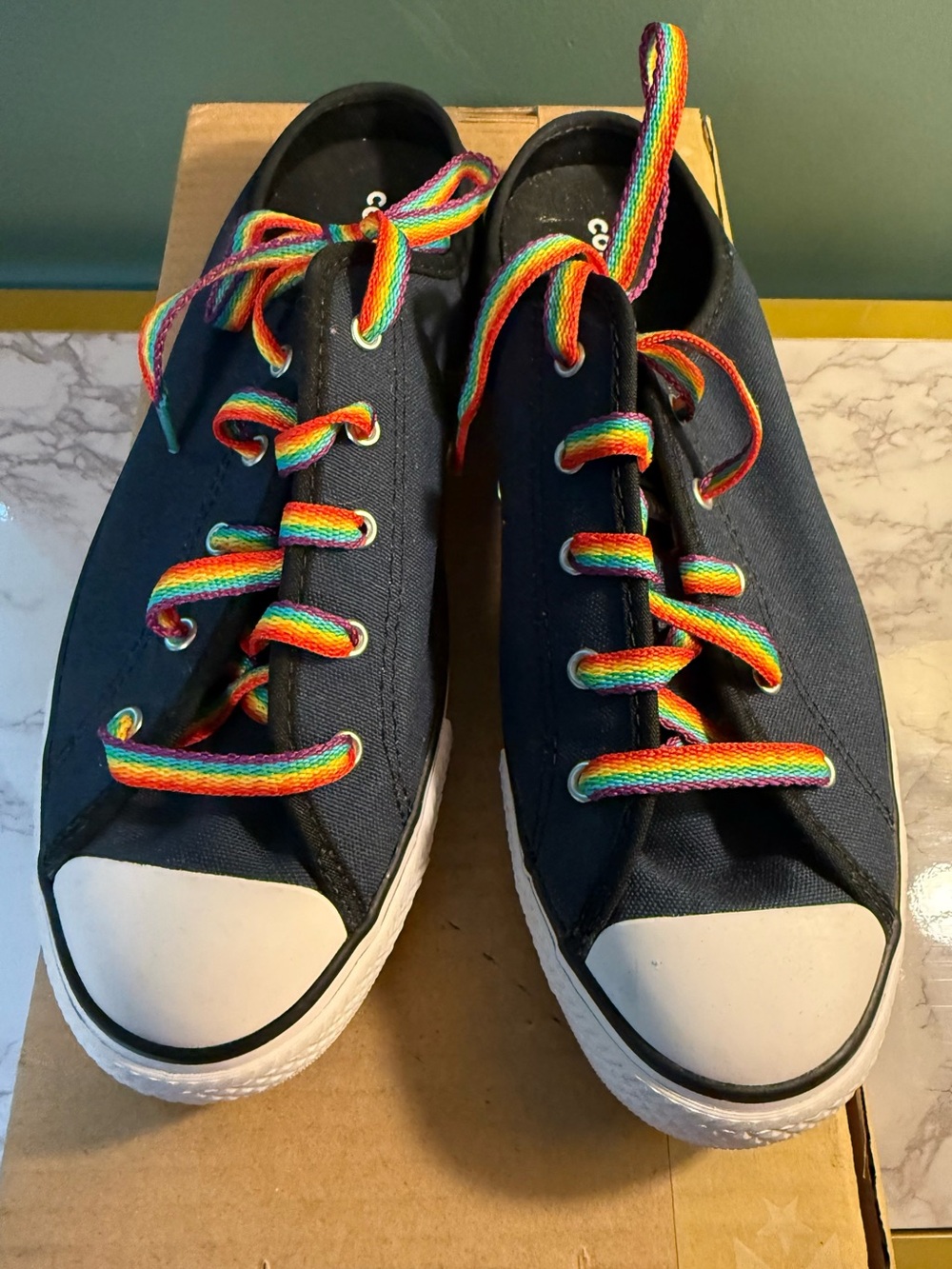 Converse All Stars NIB Dainty Mule Canvas Sneakers with Rainbow Laces